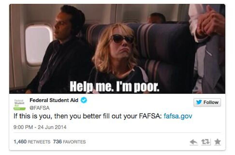 Illustration for article titled Internet Gets Pissed After FAFSA Tweets Joke About Being Poor